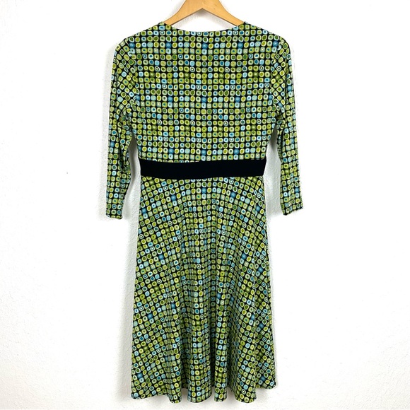Maggy London Geometric Blue Green Square Pattern Midi Dress, Size 10 - Picture 2 of 10
